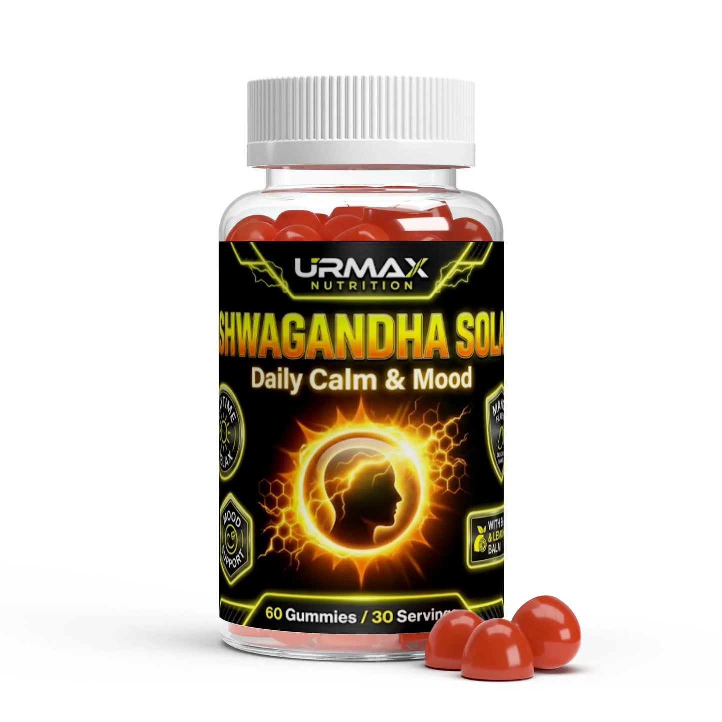 Urmax Ashwagandha Solar gummies supplement bottle for daily calm and mood support