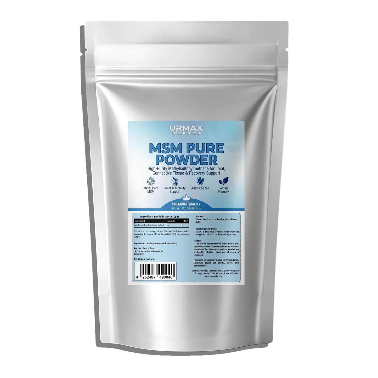 urmax MSM Pure Powder supplement packaging for joint and mobility support