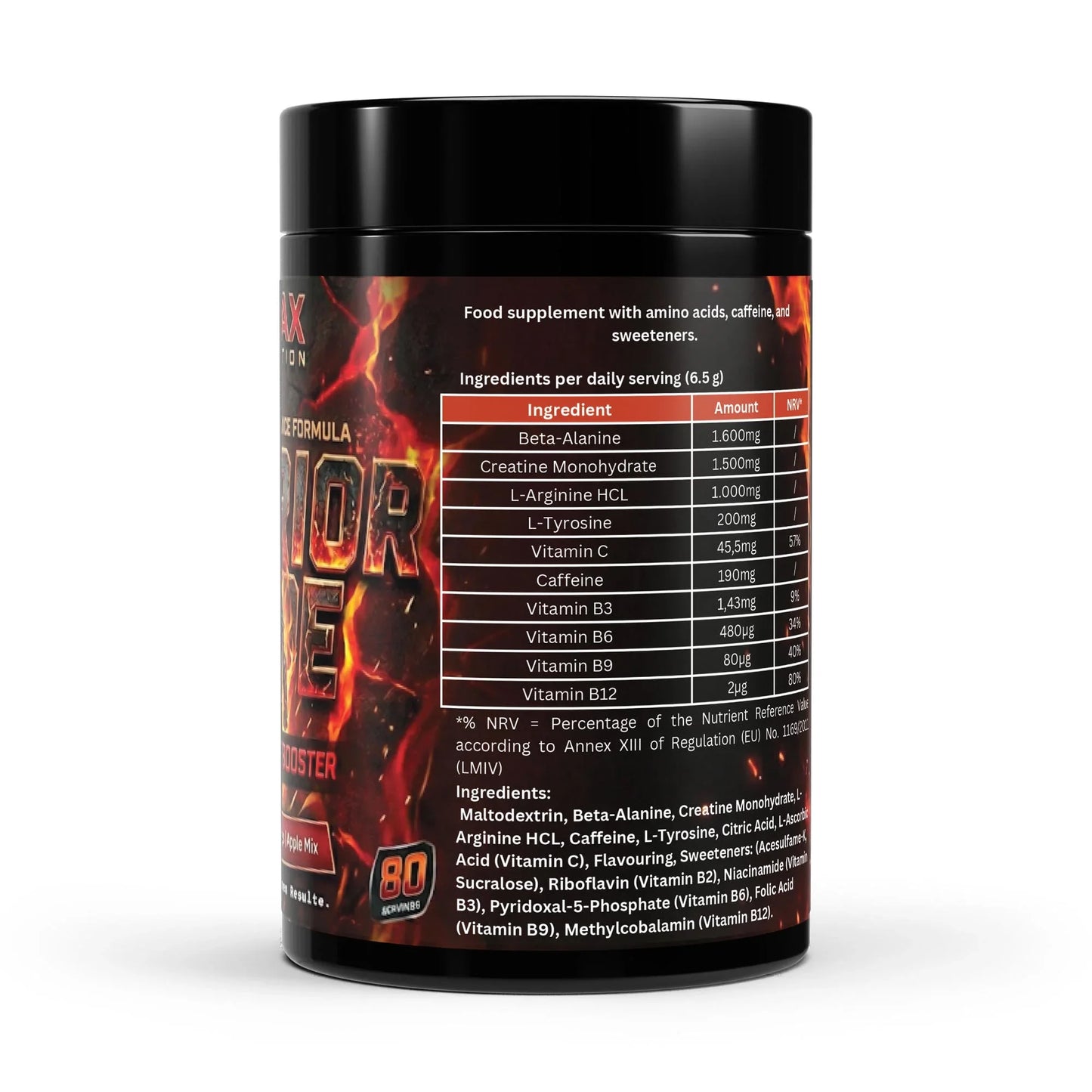 Urmax pre-workout supplement container with ingredients label, including amino acids and vitamins.