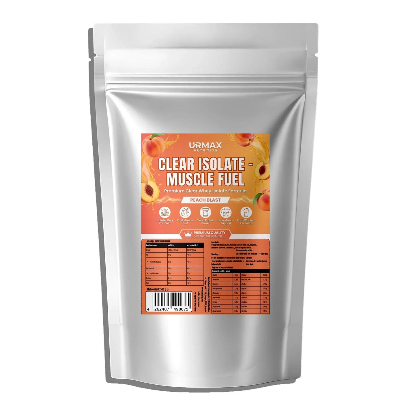Urmax Clear Isolate Muscle Fuel Peach Blast whey protein powder in silver pouch, supplement label visible