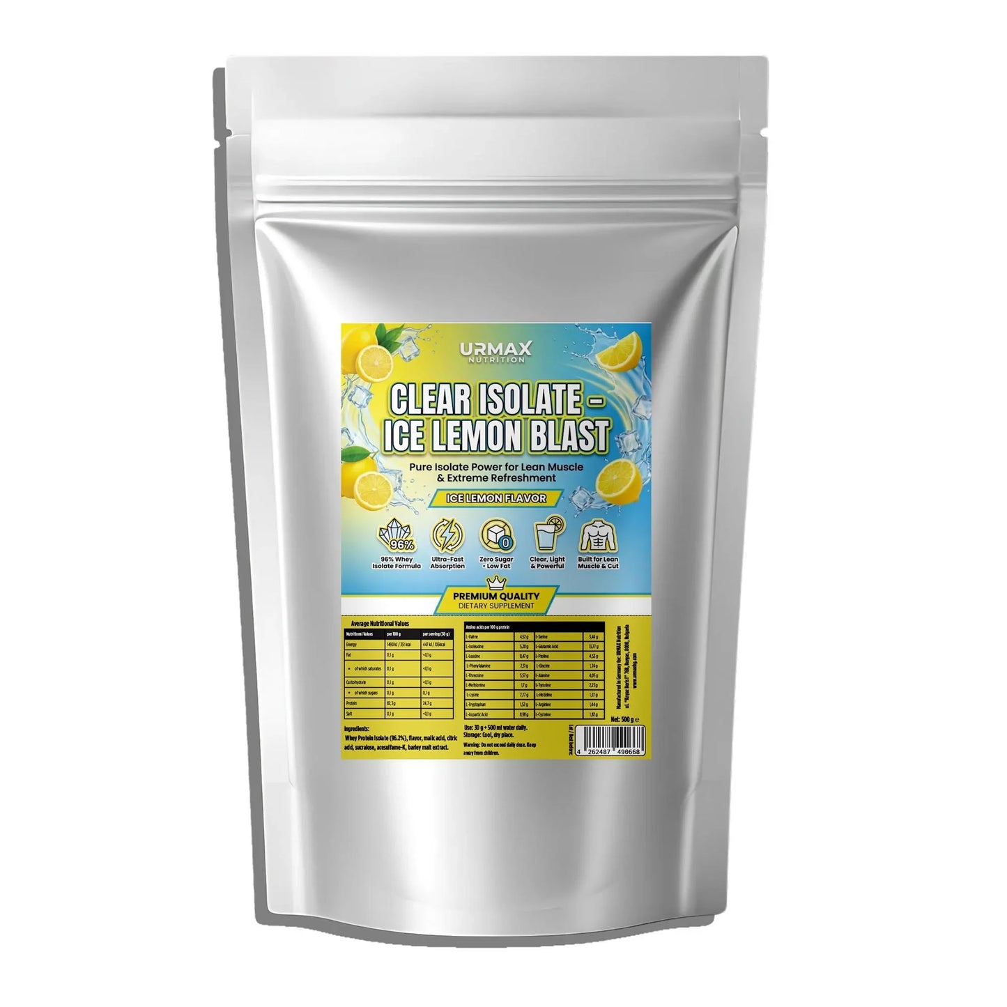 Urmax Clear Isolate Ice Lemon Blast protein supplement pouch with lemon graphics