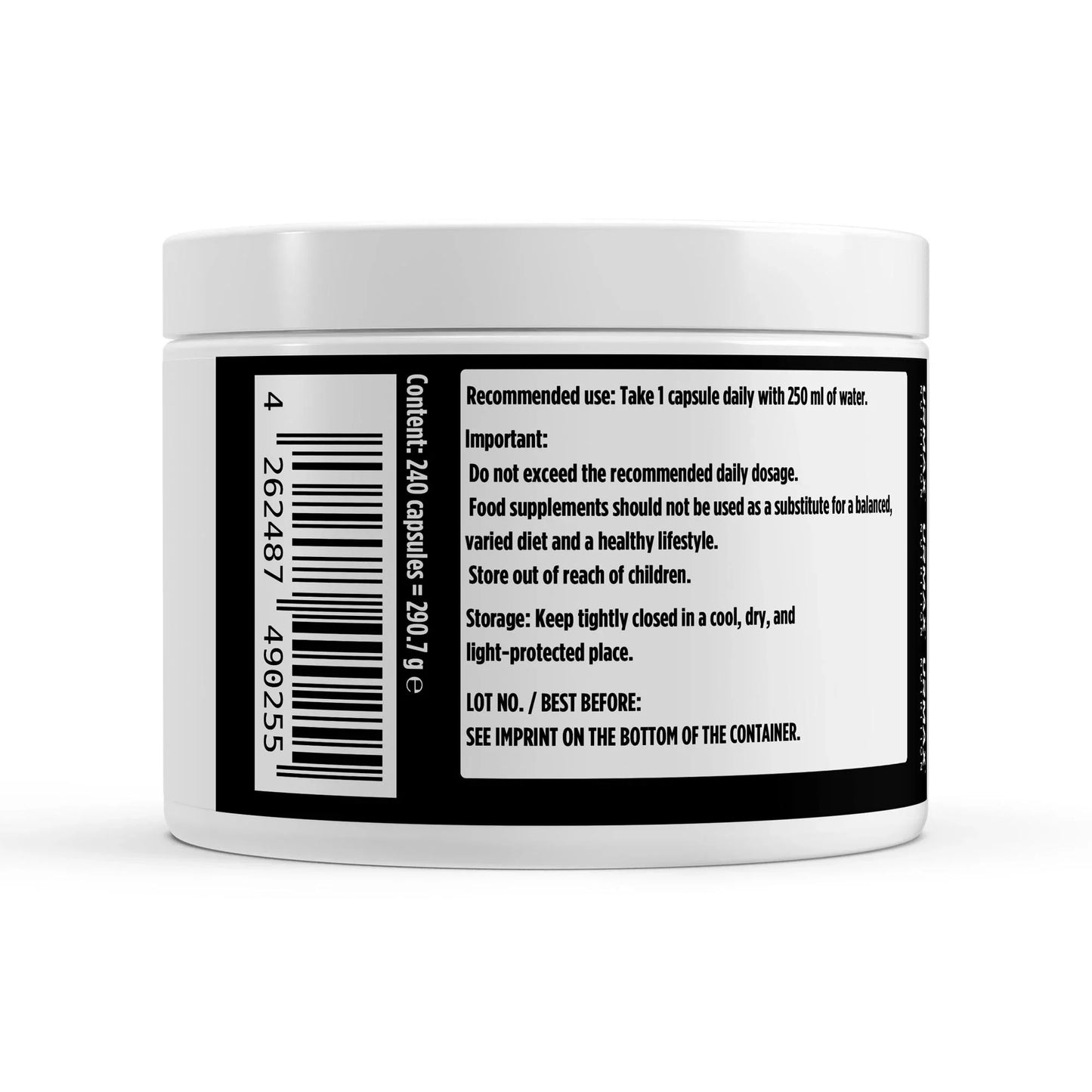 urmax supplement container side view with usage instructions and barcode visible