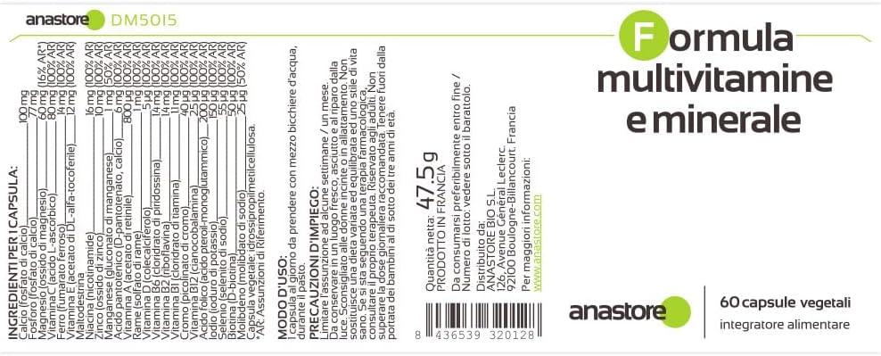 MULTIVITAMIN-FORMEL * 750 mg / 60 Kapseln * Eisen, Magnesium, Zink, Kupfer, Chrom, Mangan, Molybdän, Selen, Jod, Calcium, Phosphor, Vitamine A, B1, B2, B3, B5, B6, B8, B9, B12, C, D3, E - urmax