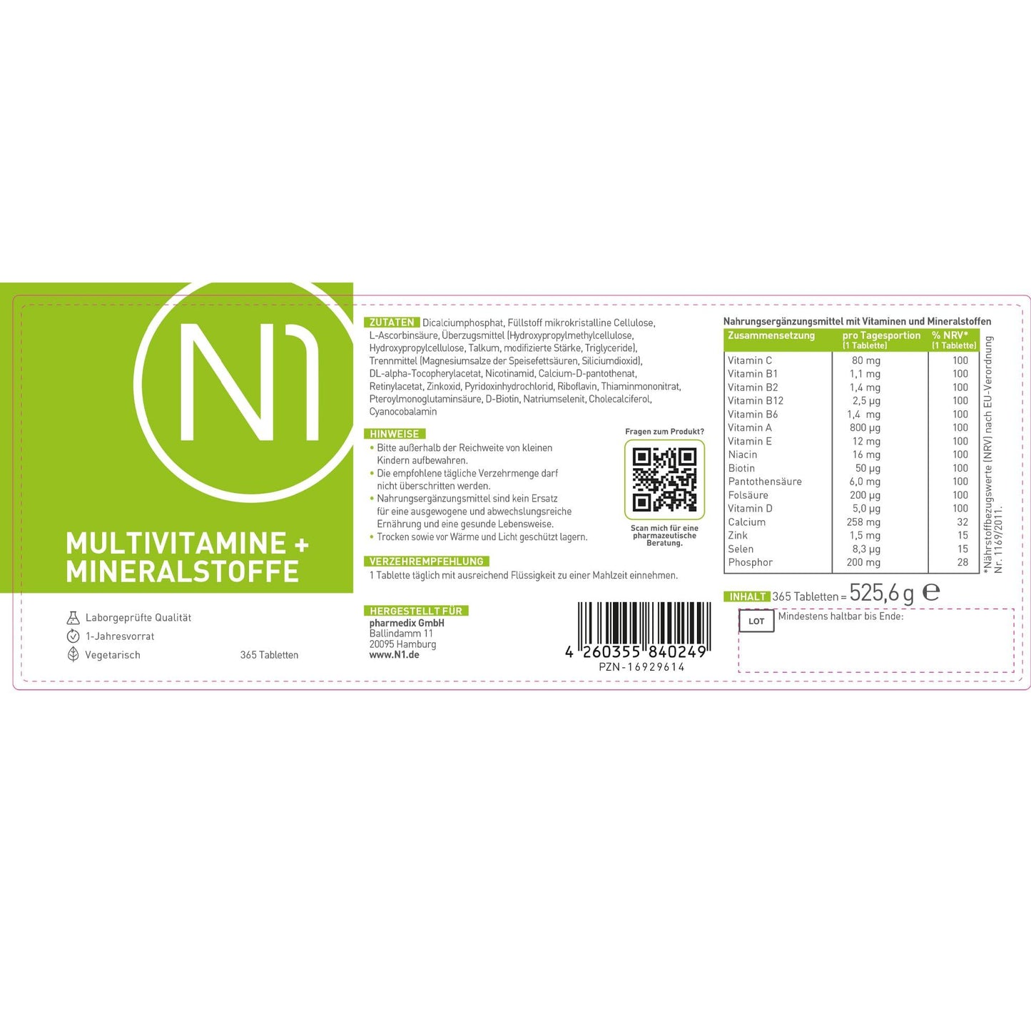 N1 Multivitamin Tabletten hochdosiert - Alle Vitamine + Mineralien - 365 Tabl. Jahresvorrat - vegetarisch - Nahrungsergänzungsmittel - urmax