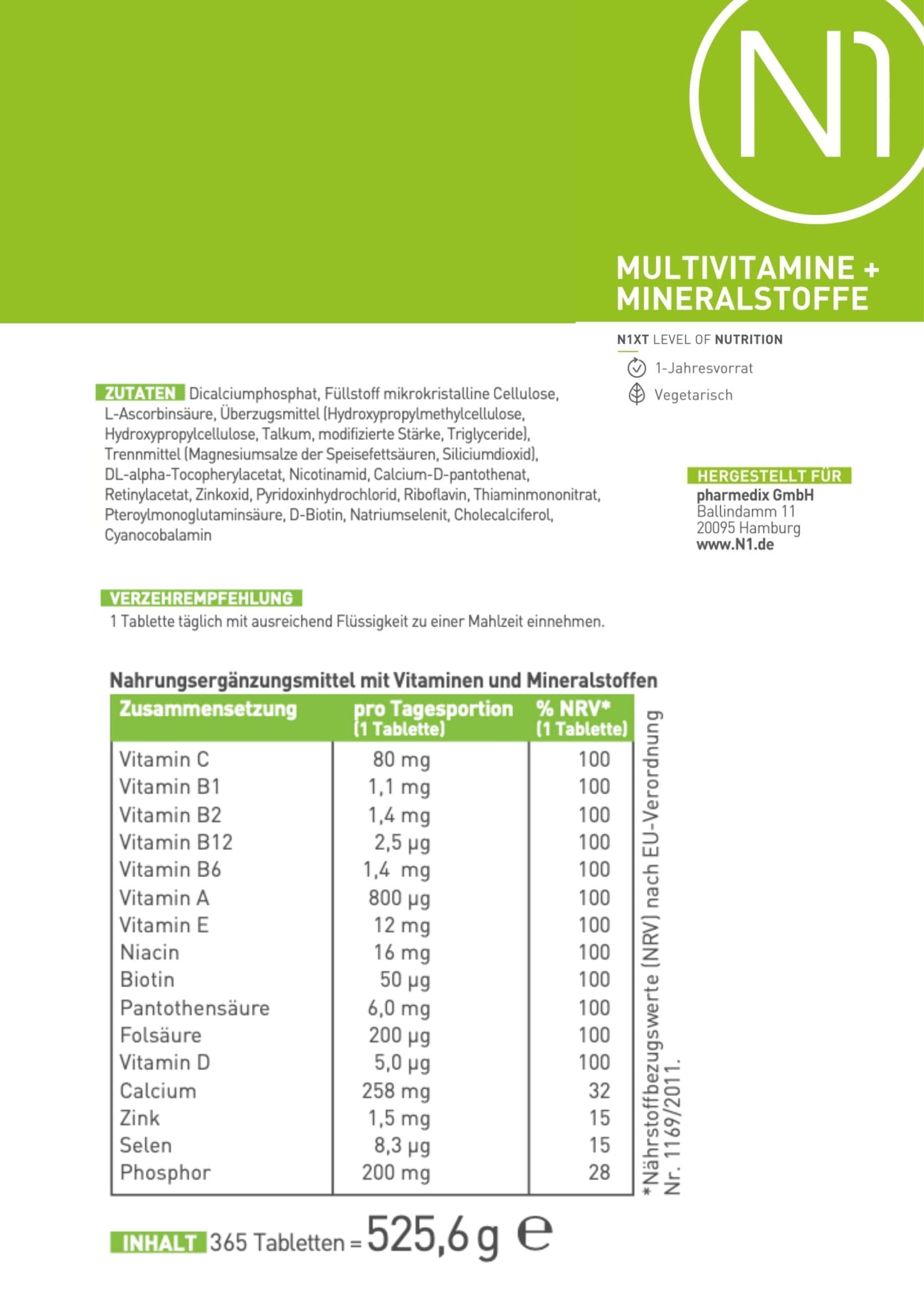 N1 Multivitamin Tabletten hochdosiert - Alle Vitamine + Mineralien - 365 Tabl. Jahresvorrat - vegetarisch - Nahrungsergänzungsmittel - urmax