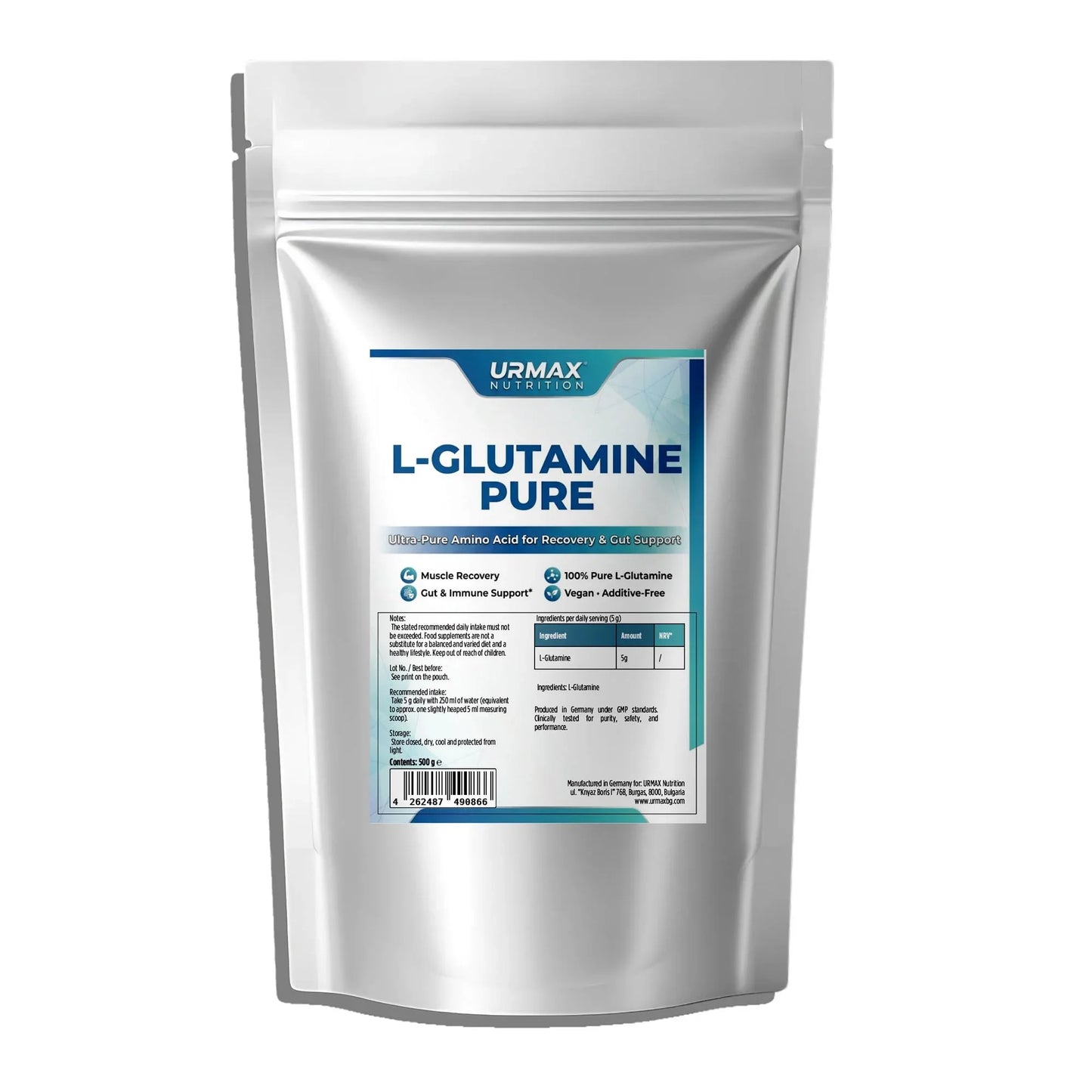 URMAX L-Glutamine Pure supplement pouch for muscle recovery and immune support