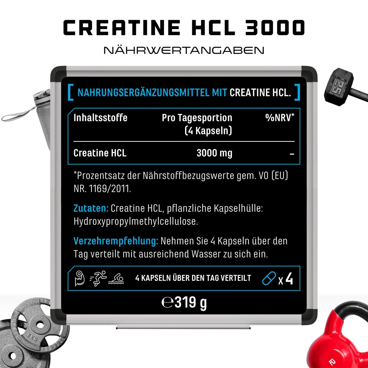 Creatine HCL - 180 Capsules - High Dose with 3000 mg - Pure Creatine Hydrochloride - High Absorption - High Bioavailability - Vegan - urmax