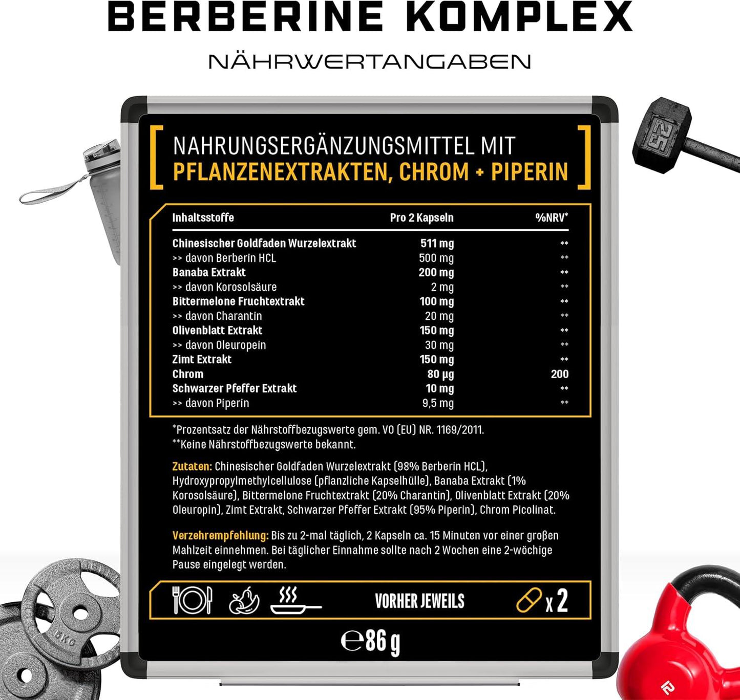 Berberin HCL Komplex - Hochdosiert mit 1120 mg pro Tagesportion - GDA Formel mit 7 aktiven Inhaltsstoffen - 120 Kapseln - Vegan - urmax