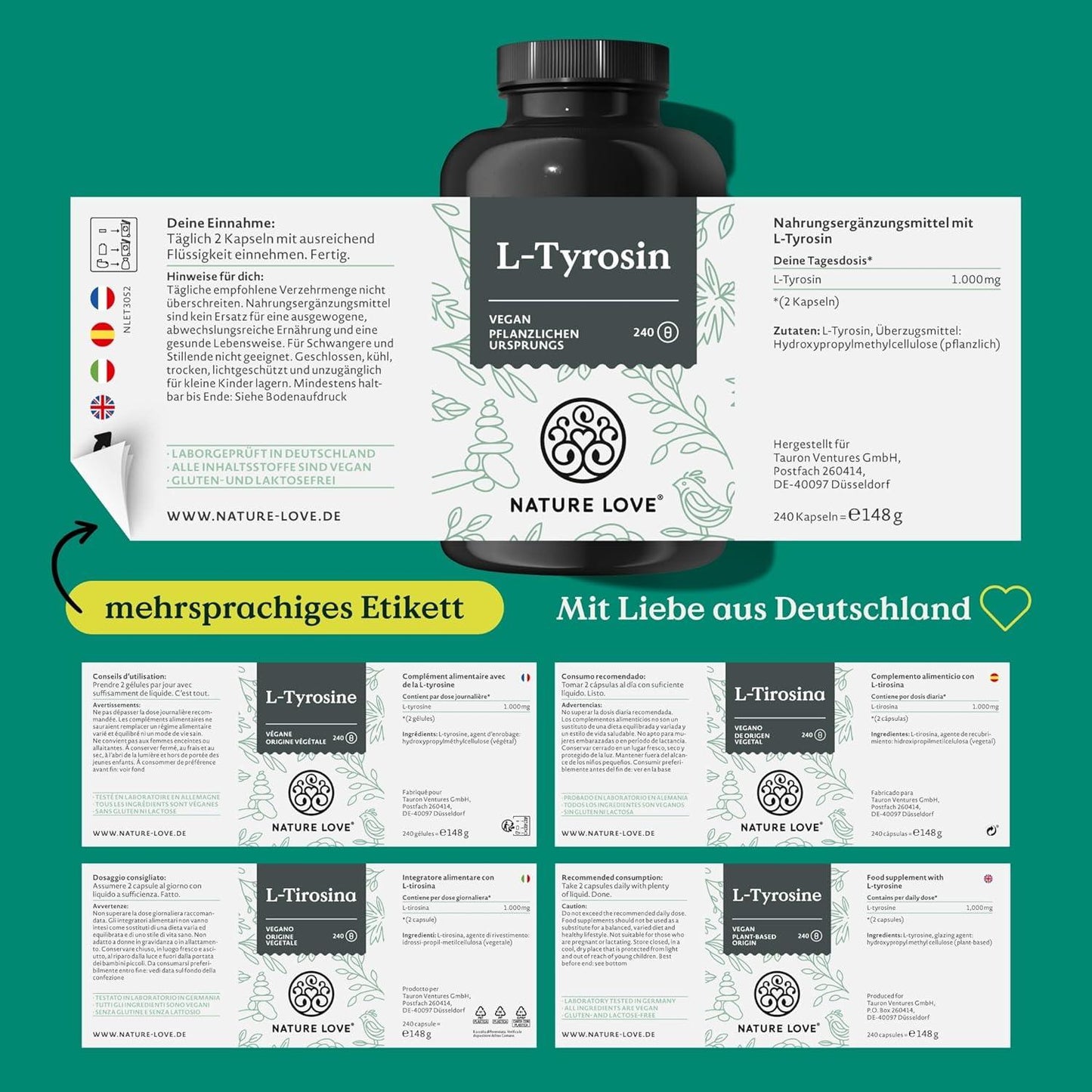 Veganes L-Tyrosin (240 Kapseln) - hochdosiert mit 1000 mg pro Tagesdosis - 4 Monate Reichweite - aus Fermentation, laborgeprüft und in Deutschland produziert - ohne unerwünschte Zusätze - urmax