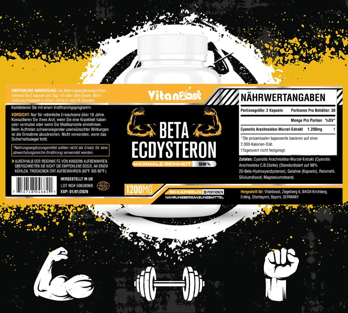 Beta-Ecdysteron – 60 Kapseln | 98 % Reinheit – 1200 mg pro Dosis