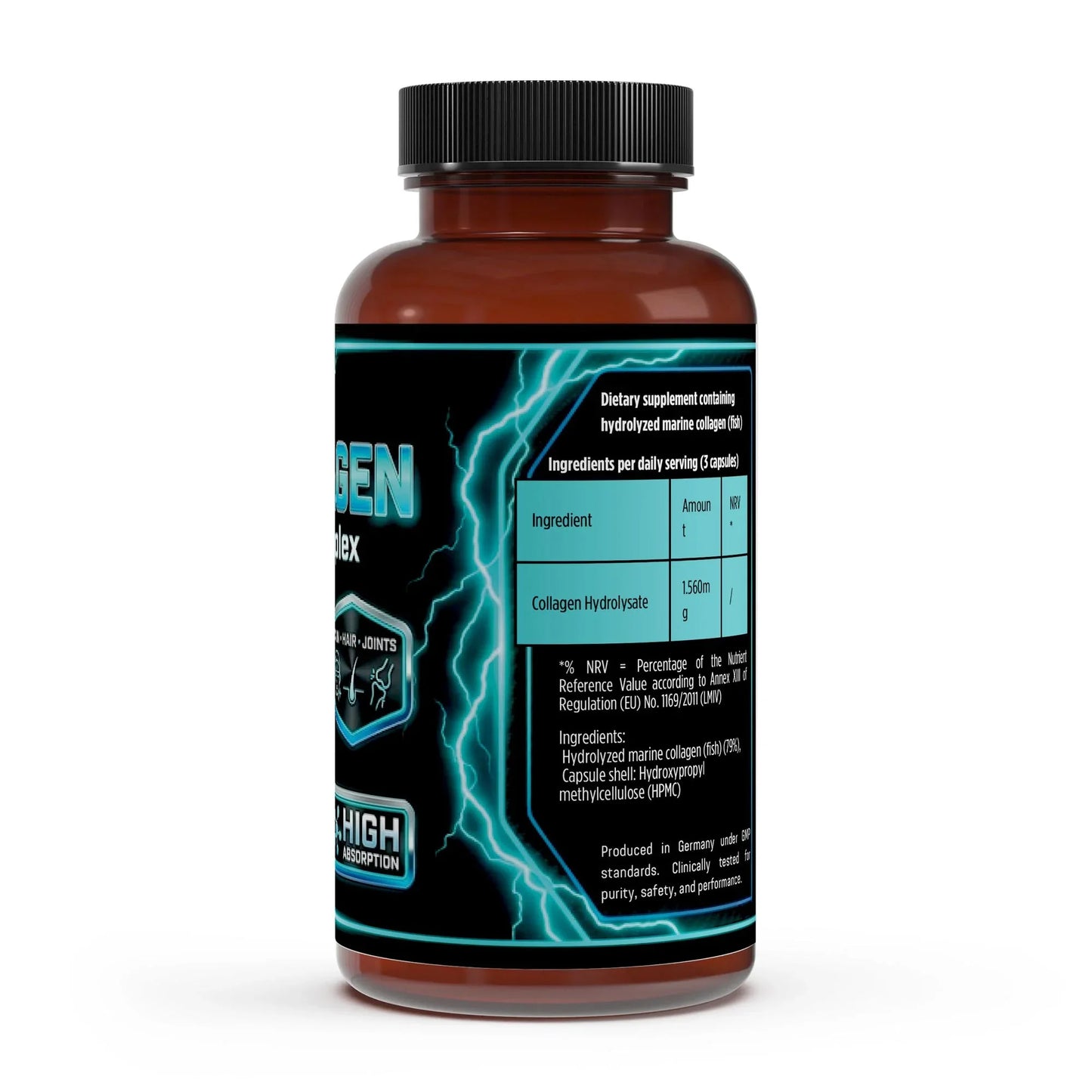urmax collagen supplement bottle with lightning graphics and ingredient label