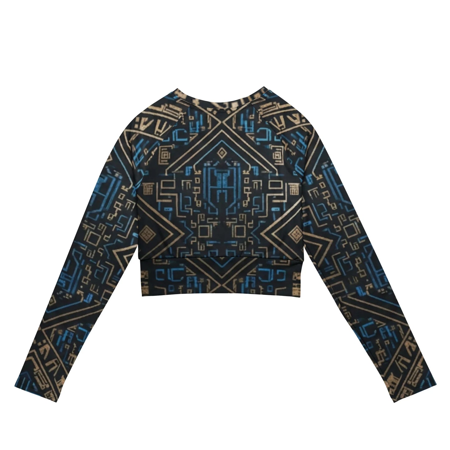 urmax recycled long sleeve crop top with blue and beige geometric print, back view