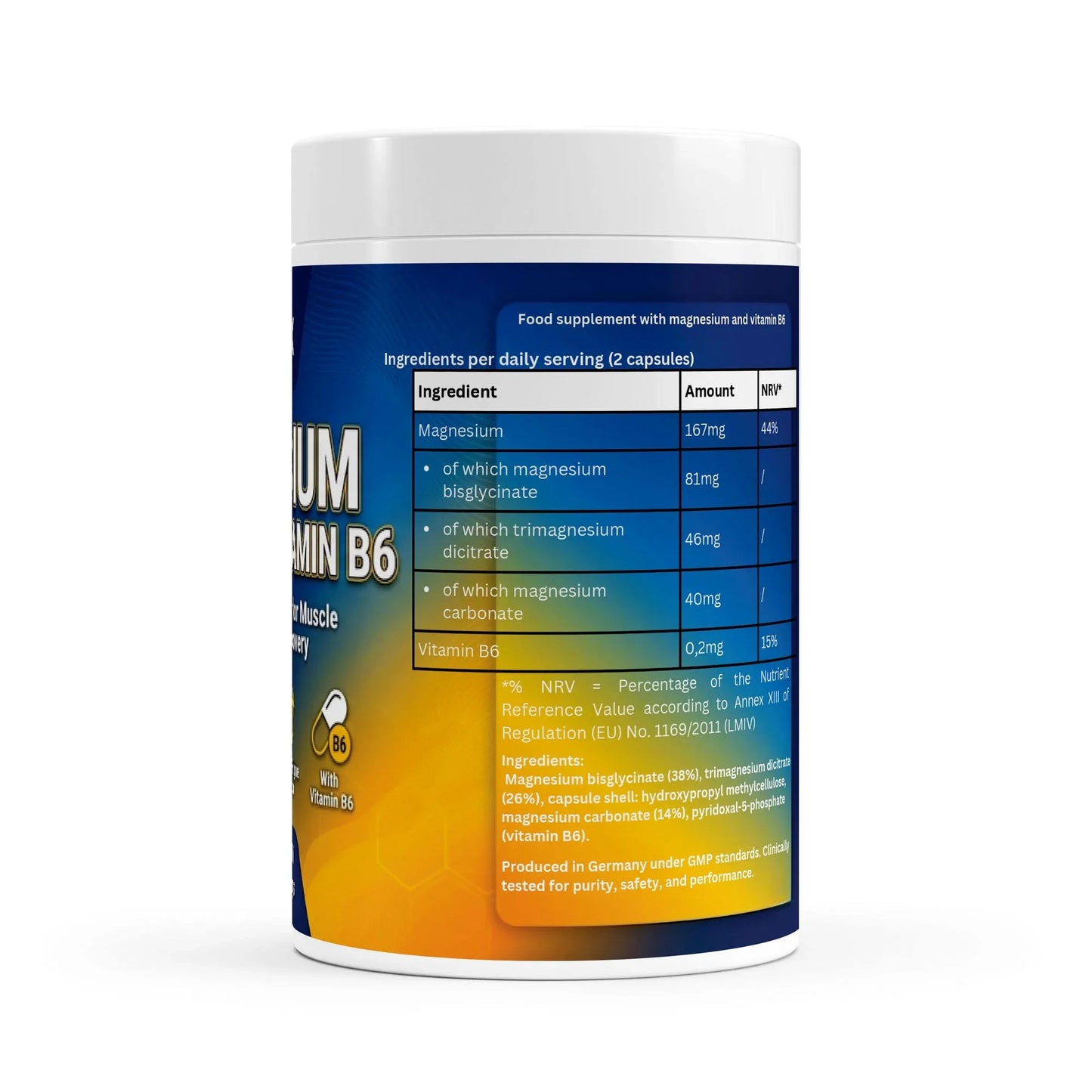 Urmax magnesium with vitamin B6 supplement container showing ingredients and dosage info