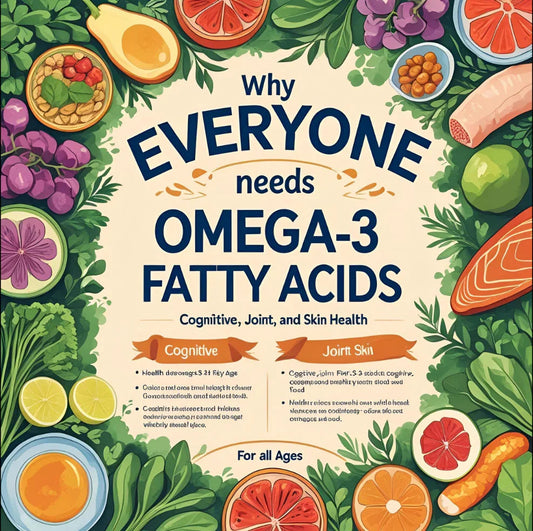 Infographic showing omega-3 fatty acids benefits with colorful fruits, vegetables, and fish.