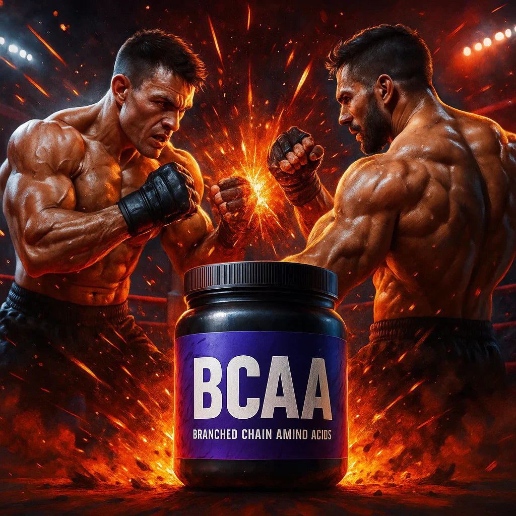 Muscular athletes facing off in a fiery arena with BCAA supplement jar in foreground, urmax fitness