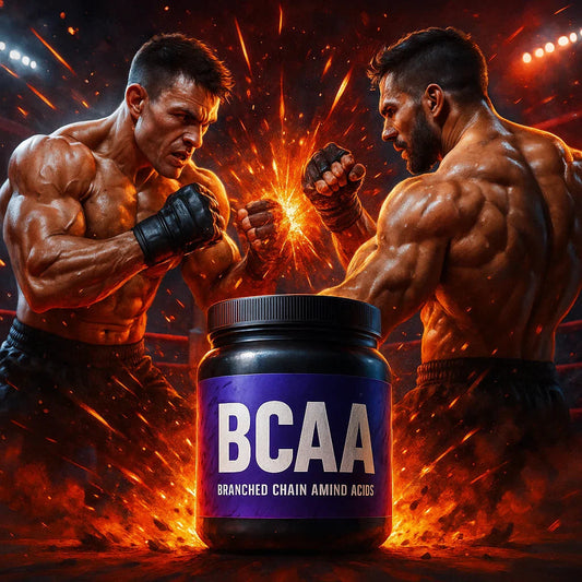 Muscular athletes facing off in a fiery arena with BCAA supplement jar in foreground, urmax fitness