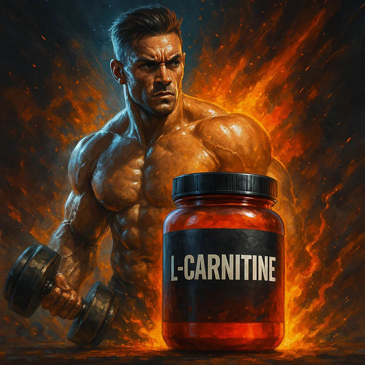 Muscular man with dumbbell and L-carnitine supplement jar, fitness and nutrition concept