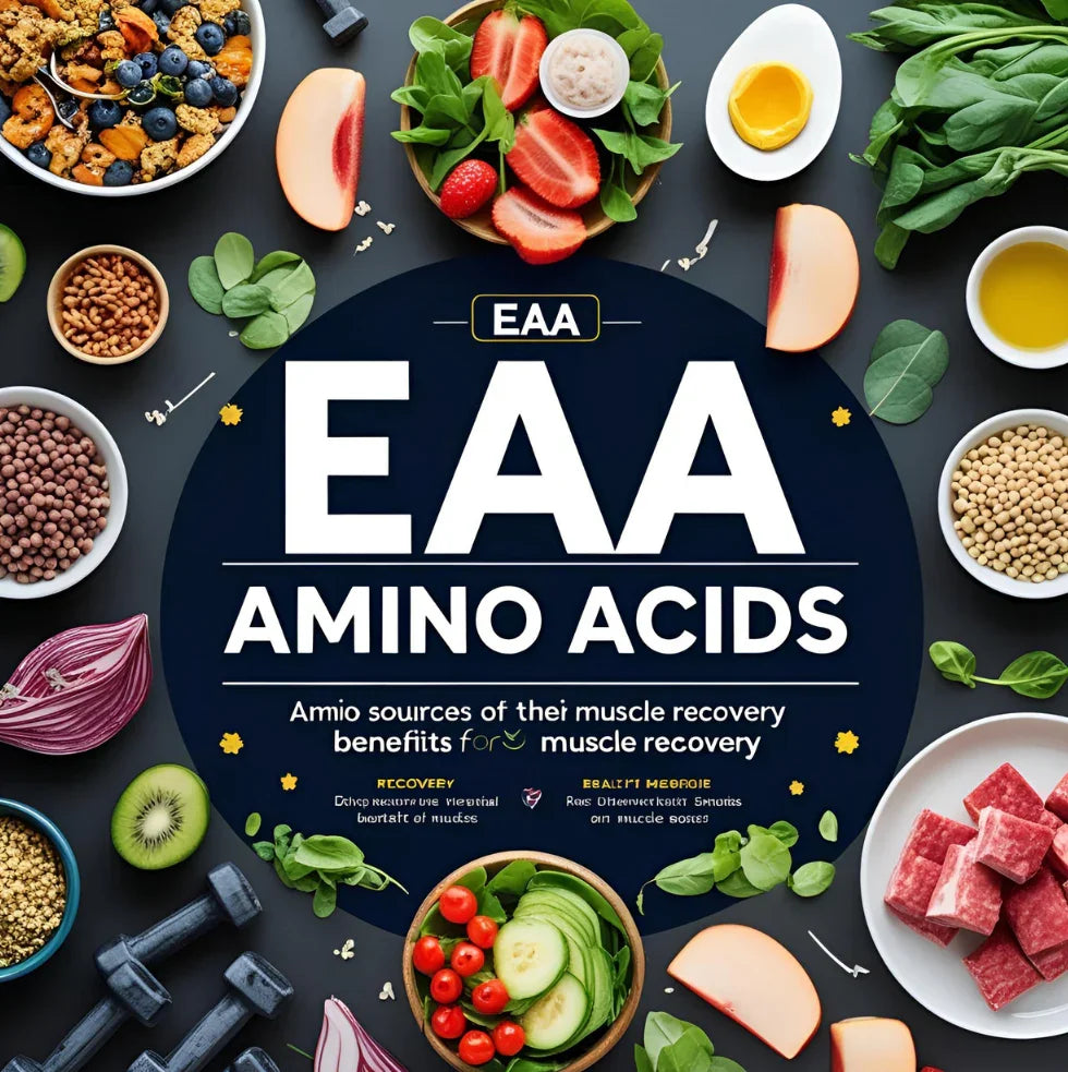 EAA amino acids benefits for muscle recovery, healthy foods and supplements on table, urmax