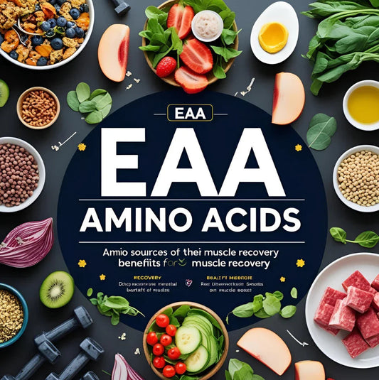 EAA amino acids benefits for muscle recovery, healthy foods and supplements on table, urmax