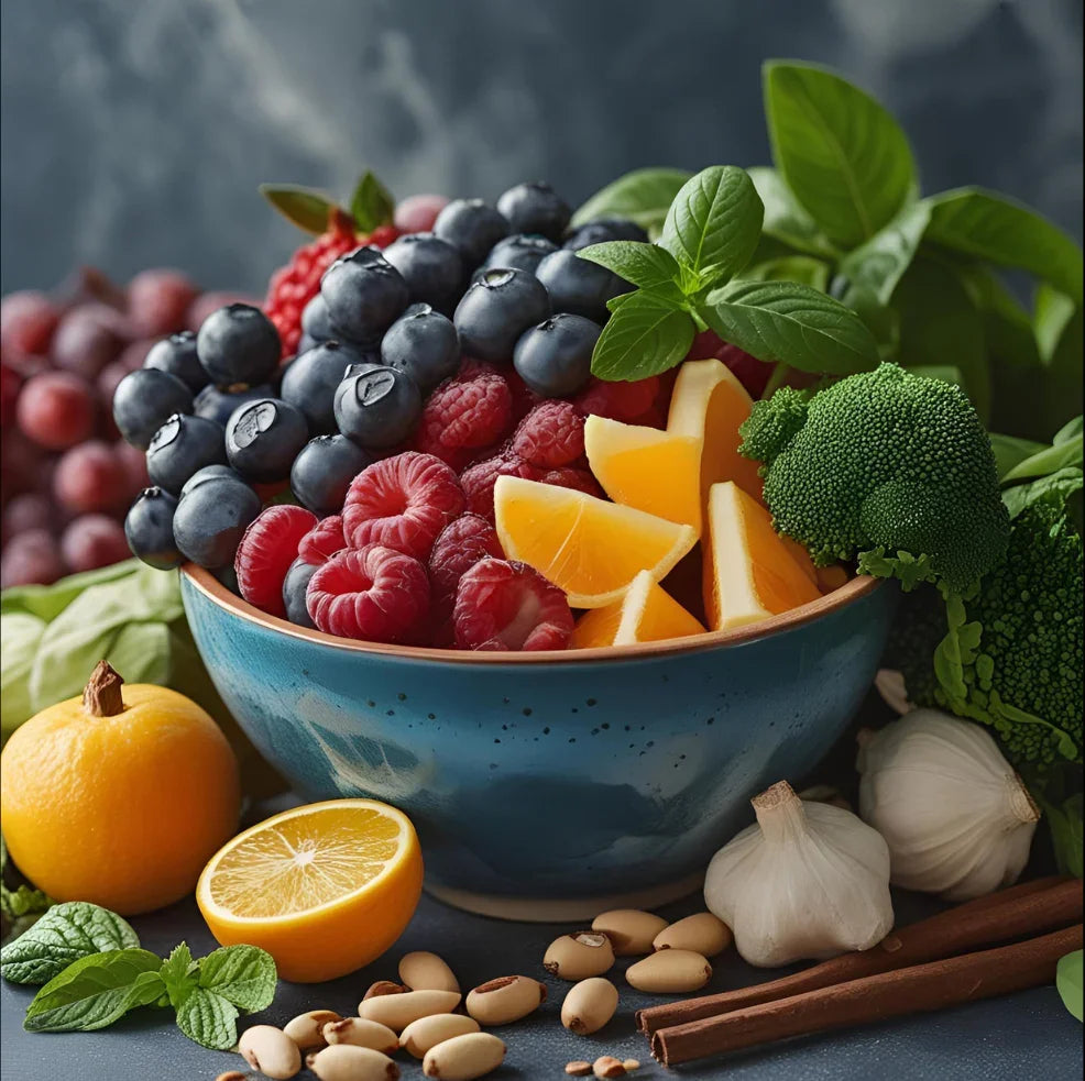 Fresh blueberries, raspberries, orange slices, broccoli, nuts, and herbs in a blue bowl, urmax nutrition