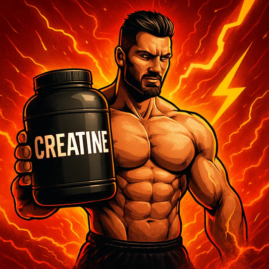 Muscular man holding creatine supplement container, energetic orange background, urmax fitness