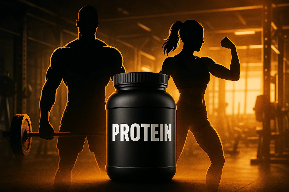Protein powder supplement jar in gym with muscular man and woman silhouettes, fitness and workout theme for urmax nutrition store.