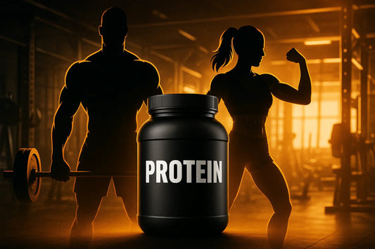 Protein powder supplement jar in gym with muscular man and woman silhouettes, fitness and workout theme for urmax nutrition store.