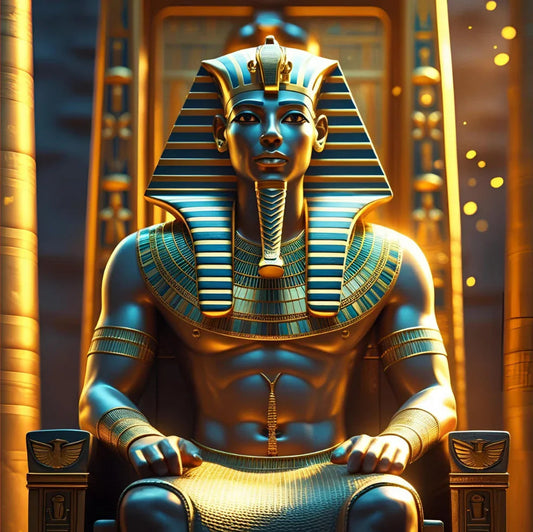 Golden Egyptian pharaoh statue seated on throne, detailed ancient decor, urmax branding