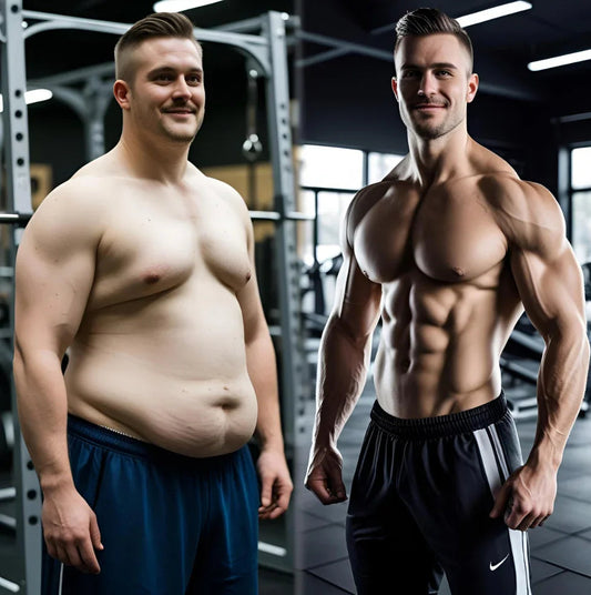 Before and after body transformation of a man in gym, muscle gain and weight loss results