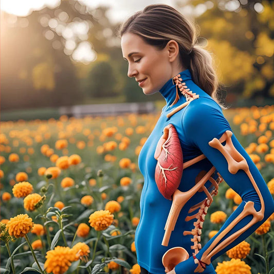 Woman in blue outfit showing illustrated bones and organs, standing in a flower field, symbolizing health and nutrition supplements from urmax.