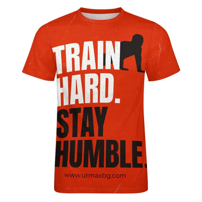 TRAINIERE HART. BLEIB BESCHEIDEN. – Motivations-T-Shirt für Herren (Feuerorange)