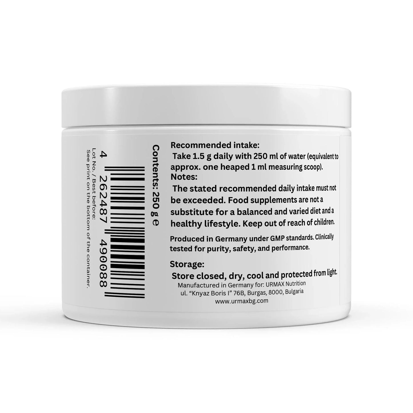 URMAX Nutrition supplement container with recommended intake and storage instructions, 250g