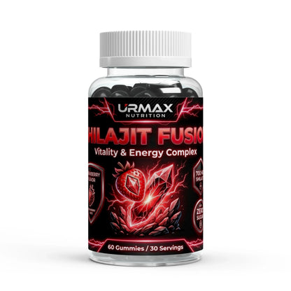 Urmax Shilajit Fusion vitality and energy gummies supplement bottle, 60 count