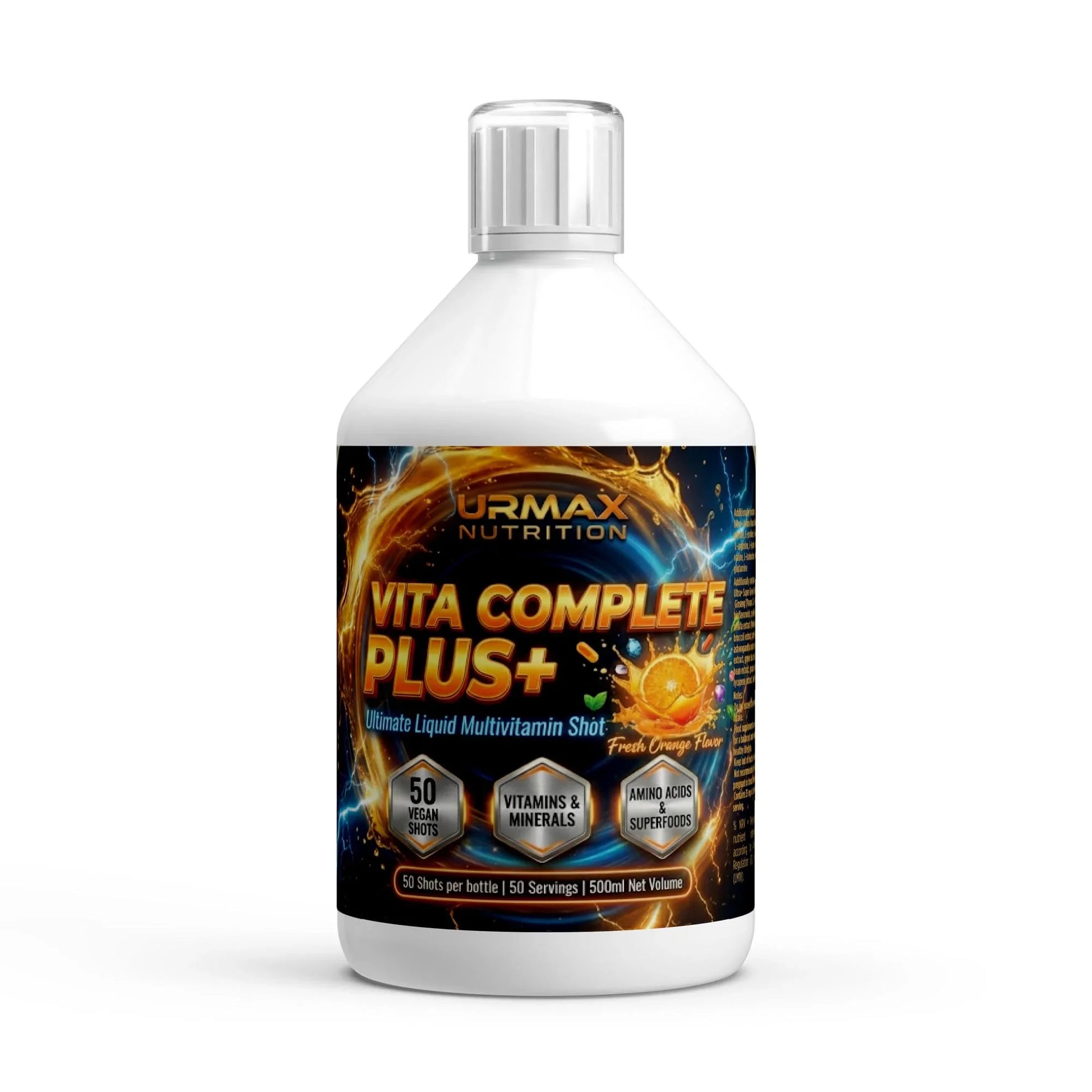 Urmax Vita Complete Plus+ liquid multivitamin bottle, 500ml, orange flavor, vitamins, supplements