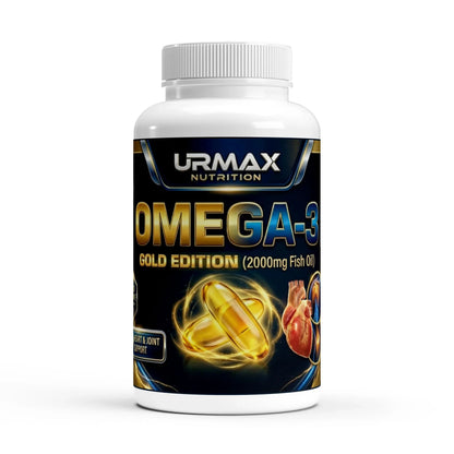 Urmax Omega-3 Gold Edition 2000mg fish oil supplement bottle on white background