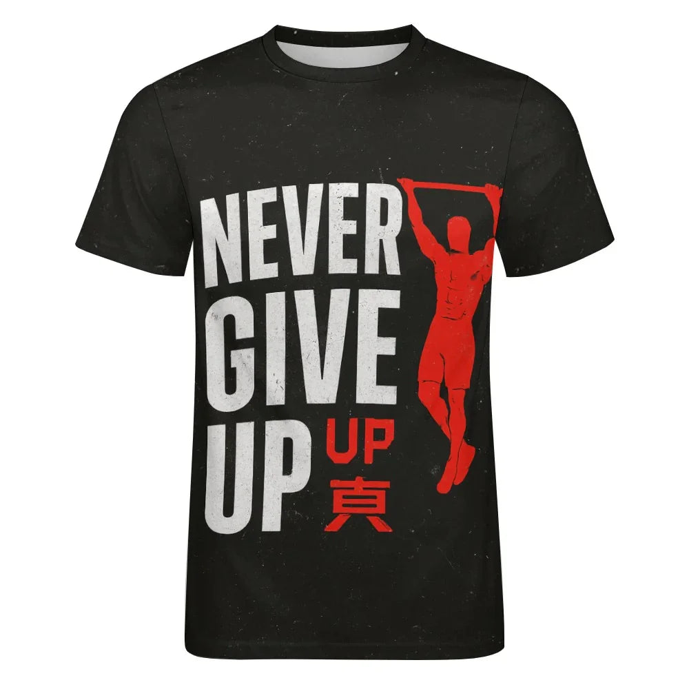 NEVER GIVE UP — Мъжка Мотивационна Спортна Тениска (Iron Spirit Black)