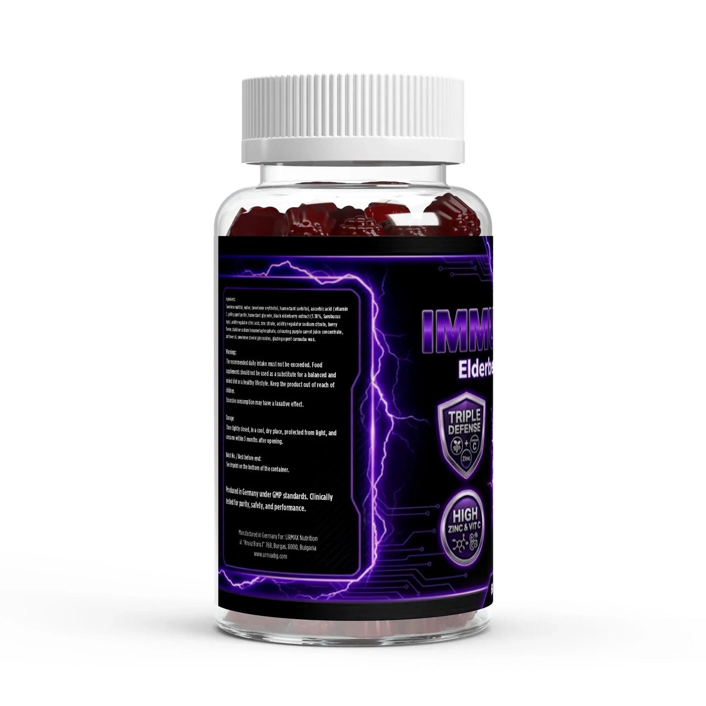 Urmax dietary supplement bottle with purple lightning label, triple defense, high zinc