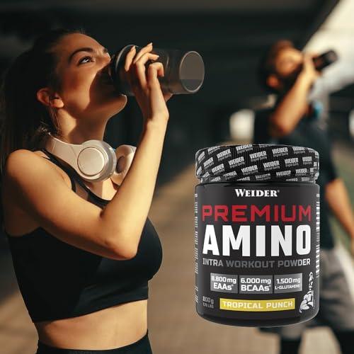 WEIDER Premium Amino Intra Workout Drink mit EAA/ BCAA Aminosäure Komplex hochdosiert, mit L-Glutamin, Elektrolyten und Dextrin für mehr Energie beim Training, Tropical, 800g - urmax