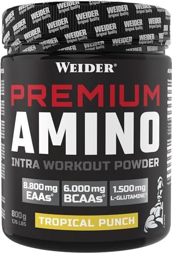 WEIDER Premium Amino Intra Workout Drink mit EAA/ BCAA Aminosäure Komplex hochdosiert, mit L-Glutamin, Elektrolyten und Dextrin für mehr Energie beim Training, Tropical, 800g - urmax