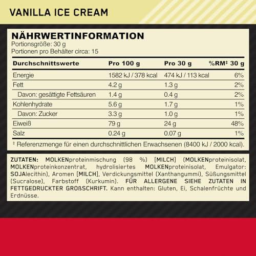 Optimum Nutrition Gold Standard 100% Molkenproteinpulver für Muskelaufbau und -regeneration mit natürlich vorkommendem Glutamin und BCAA-Aminosäuren, Vanilla Ice Cream, 15 Portionen, 450 g - urmax
