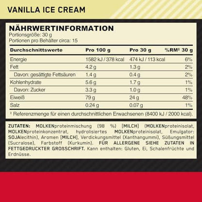 Optimum Nutrition Gold Standard 100% Molkenproteinpulver für Muskelaufbau und -regeneration mit natürlich vorkommendem Glutamin und BCAA-Aminosäuren, Vanilla Ice Cream, 15 Portionen, 450 g - urmax