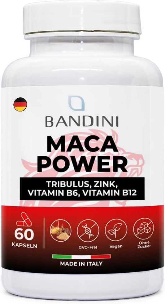 Bandini® Maca Power 60 Kapseln (schwarz) | Maca 4:1 Extrakt mit Tribulus Terrestris + Arginin + Zink + B6 + B12 | Immunsystem, Stress, Müdigkeit | Laborgeprüft, hochdosiert, Vegan, ohne Zusätze - urmax