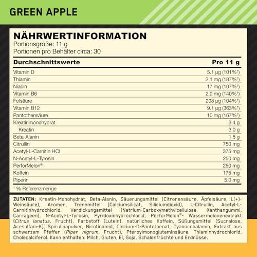 🔥 Optimum Nutrition Gold Standard Pre Workout – 330 г | 30 дози | Зелена ябълка 🍏 🏆 ПРЕДТРЕНИРОВЪЧЕН БУСТЕР С КРЕАТИН, БЕТА-АЛАНИН, КОФЕИН И ВИТАМИНИ B-КОМПЛЕКС - urmax