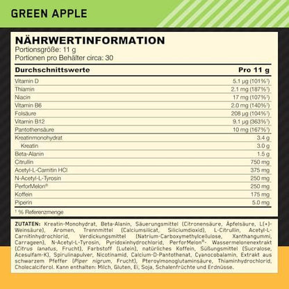 🔥 Optimum Nutrition Gold Standard Pre Workout – 330 г | 30 дози | Зелена ябълка 🍏 🏆 ПРЕДТРЕНИРОВЪЧЕН БУСТЕР С КРЕАТИН, БЕТА-АЛАНИН, КОФЕИН И ВИТАМИНИ B-КОМПЛЕКС - urmax