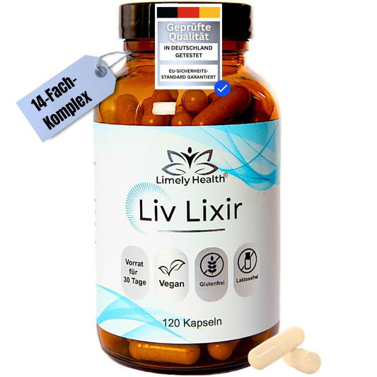 LIV LIXIR®, Leber Komplex, 120 Kapseln, Stoffwechsel beschleunigen, Leberkur, Laborgeprüft, 14-fach-Komplex, natürliche Inhaltsstoffe, Leber Entgiften, Fettleber, Cholin, Mariendistel - urmax