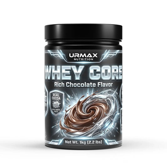 Urmax Whey Core chocolate protein powder 1kg tub, premium supplement packaging