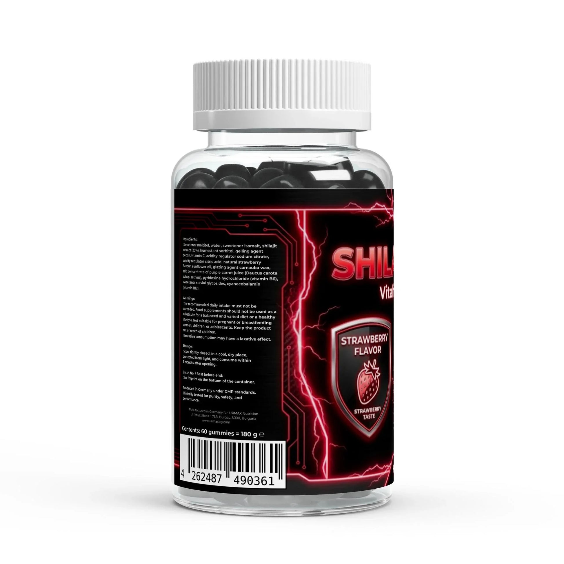 urmax shilajit strawberry flavor supplement bottle with 60 gummies, black gummies inside