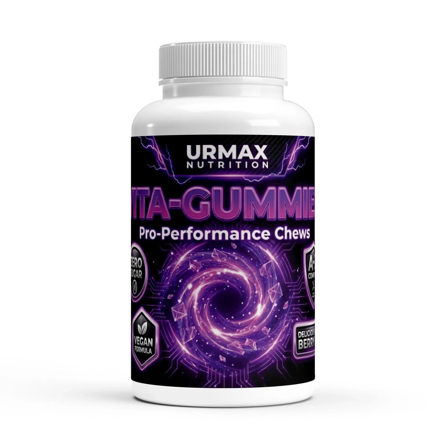 URMAX Nutrition VITA-GUMMIES bottle, pro-performance vegan supplement with berry flavor