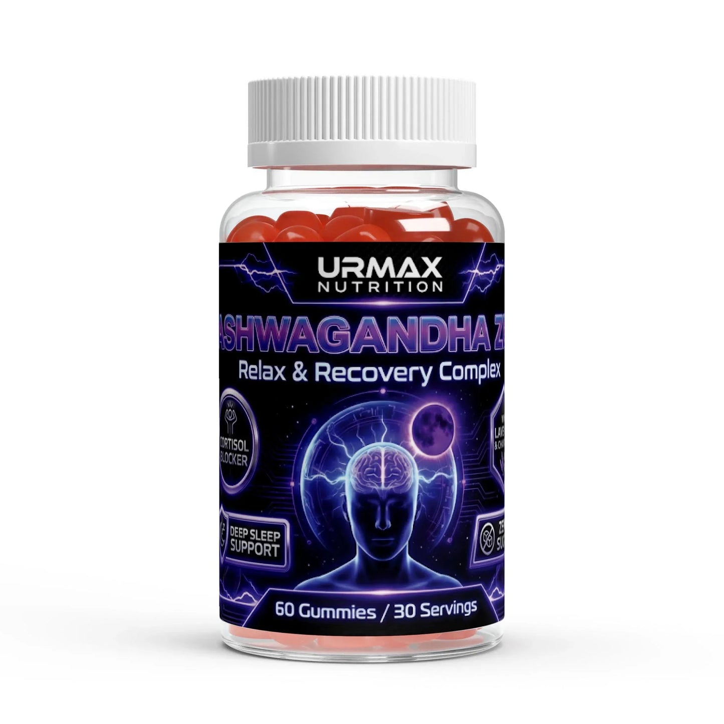 Urmax Ashwagandha Z gummies bottle, relax and recovery supplement, 60 gummies
