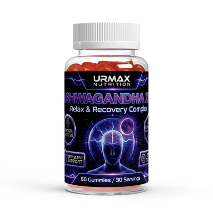 Urmax Ashwagandha Z gummies bottle, relax and recovery supplement, 60 gummies